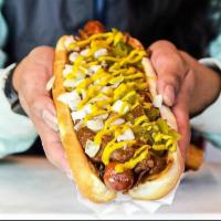 Diablo Dog · All beef hot dog wrapped in bacon and deep fried, chili, shredded cheese, mustard, jalapenos...