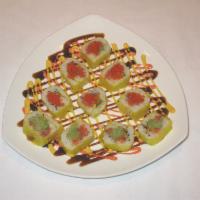 #63. H.K. Roll · Full soy bean paper and spicy tuna, spicy salmon, wasabi, tobiko, crunchy avocado and 3 kind...