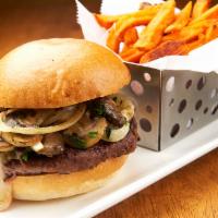 Bison Burger · Grilled onions, mushrooms, and Brie cheese.