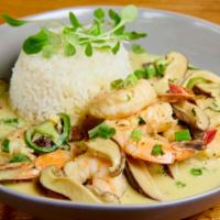 Camarao Baiano · Sautéed Shrimp in coconut milk broth, shitaki mushroom, curry, cilantro, jalapeño, served wi...