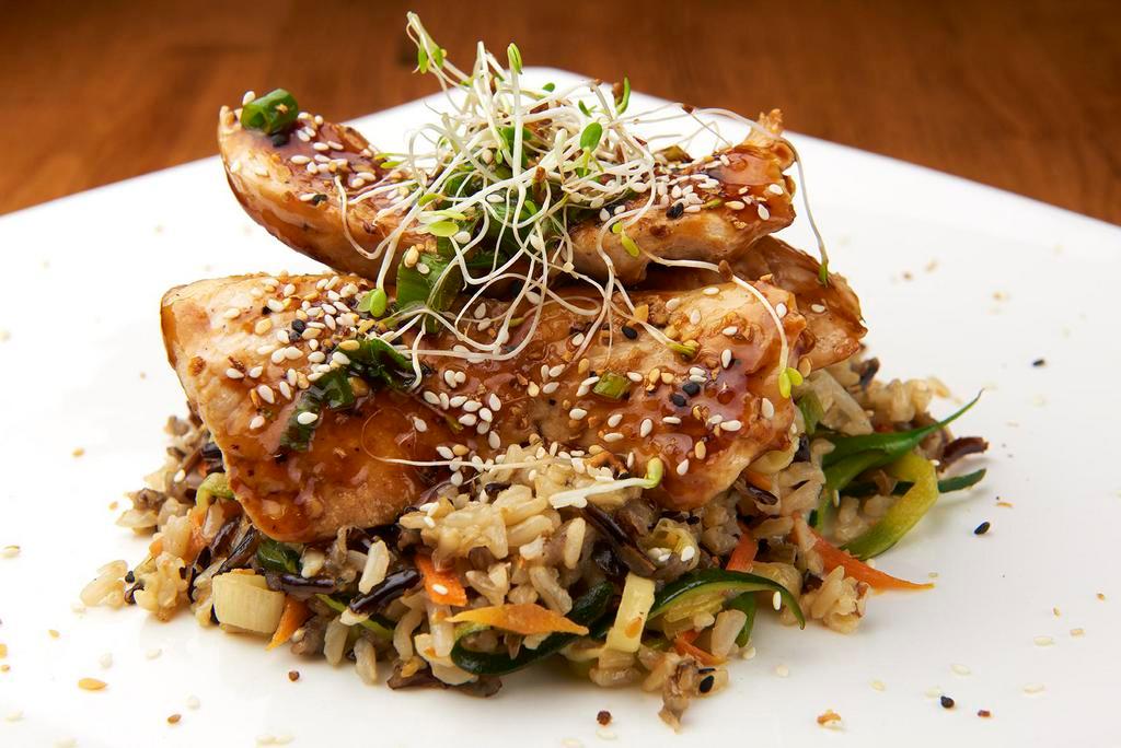 Chicken Teriyaki  · Grilled Chicken breast over Jasmine rice and stir fried broccoli, drizzled with teriyaki sauce.