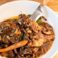 Chicken Marsala · Pan-roasted chicken | Wild Mushrooms | Caramelized Onion | Asparagus | Potatoes | Marsala Wi...