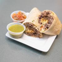 Burrito · Large flour tortilla with rice, beans, cheese, lettuce, choice of meat, and hot or mild sauc...