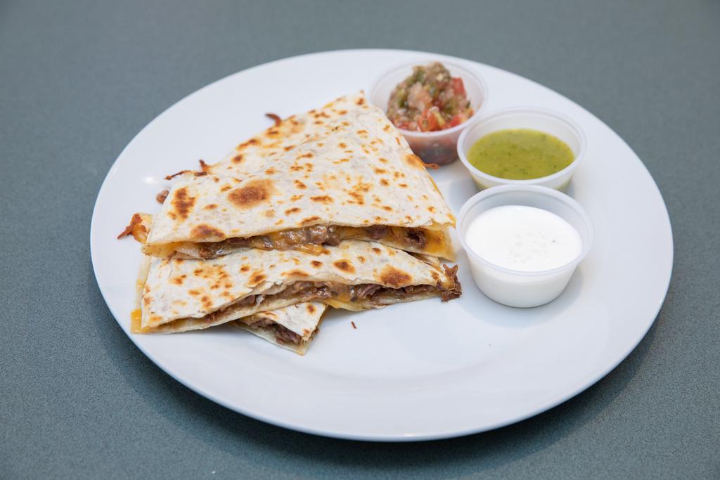 Quesadillas · Grilled flour tortilla with beans, cheese, salsa, and sour cream, served with choice of meat and hot or mild sauce.