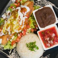 Chimichanga · Fried flour tortilla with beans, cheese, and your choice of meat, served with rice, and a gr...