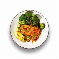 Korean Salmon Bowl · Firecracker glazed salmon, roasted broccoli, sliced avocado, toasted sesame seeds, scallions...