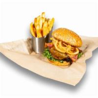Cowboy Burger · Smoky BBQ, bacon, cheddar, onion straws, lettuce, tomato