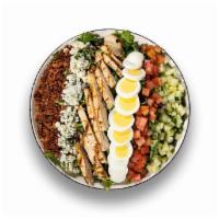 Ty Cobb Salad · Grilled chicken breast, bacon, tomato, cucumber, hardboiled egg, crumbled bleu cheese, choic...