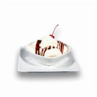 Ice Cream Sundae · Three scoops of vanilla, chocolate syrup, whipped cream, cherry on top 