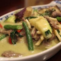 36. Gang Khew-Wan · Green curry. Gluten-free. Choice of spice level. Choice of style. Green curry with eggplants...