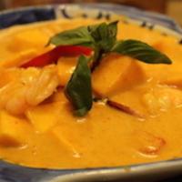 37. Gang Panang · Gluten-free. Choice of spice level. Choice of style. Red curry with peanut sauce, green bean...