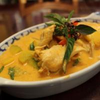 Pumpkin Curry (Gluten-Free) · Mildly spiced. Coconut red curry with kabocha squash, red bell pepper, and fresh Thai holy b...