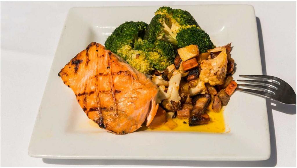 Grilled Salmon · Fresh grilled salmon served with your choice of 2 house sides, prepared grilled (gluten free), blackened (gluten free) or Dijonaisse.