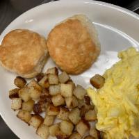 Sausage Gravy and Biscuits · 2 eggs, home fries and 2 biscuits with sausage gravy.