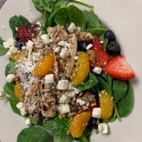 Strawberry Spinach Salad · Spinach, strawberries, blueberries, mandarin oranges, feta cheese, sunflower seeds and grill...