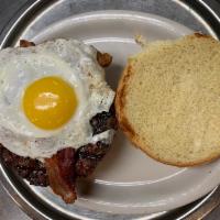 Brunch Burger · Fried egg, bacon and cheese.