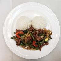 Mongolian Beef House Special · Contains grilled tri trip steak, whole green bean, onion, bell pepper and zucchini with grou...