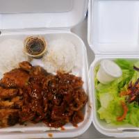 Chicken and Spicy Pork Combination · Served with rice and salad.