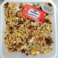 Beef Fried Rice · Contains peas, carrots, onion and corn.