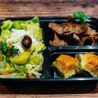 Lamb & Beef Gyro and Baklava Lunch Box · Slowed cooked sliced marinated lamb and beef. Served with fresh salad and 2 pieces baklava
