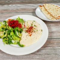 Hummus Plate · Garbanzo beans with garlic, lemon juice, olive oil, and tahini. Served with house salad and ...