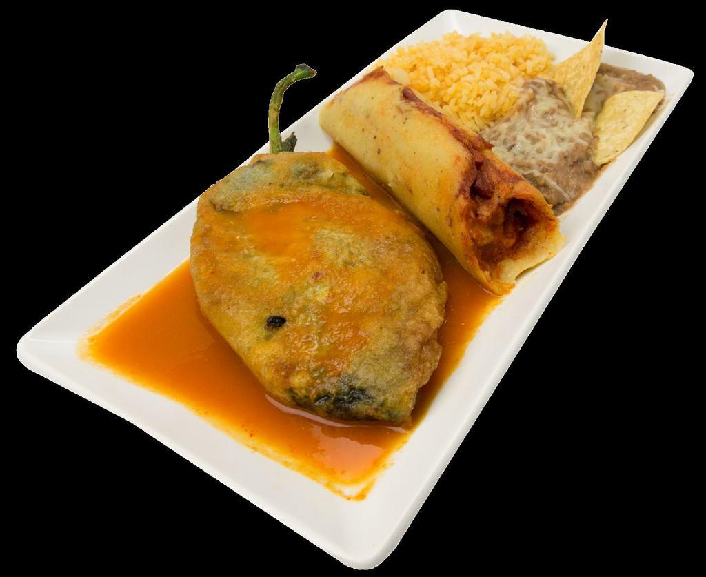 One Tamale and Chile Relleno combo · Comes with rice and beans.