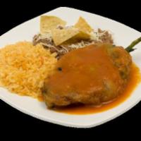 One Chile Relleno combo · Comes with rice and beans and tortillas.
