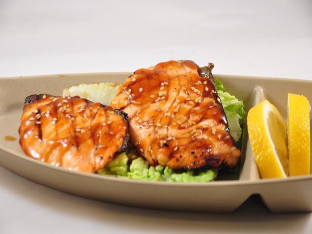 Teriyaki Salmon Appetizer · grilled salmon glazed with teriyaki sauce