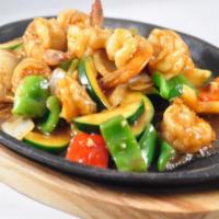 Shrimp Teppenyaki · Stir fry style shrimp with zucchini, celery, carrot, baby corn, red pepper, green pepper, gr...