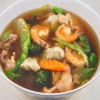 War Wanton Soup · broth with pork wanton, chicken, beef, shrimp, broccoli, celery, baby corn, carrot, and scal...