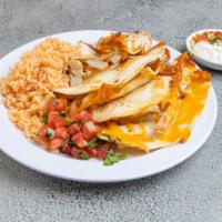 Healthy Quesadilla · Stuffed with grilled chicken. Served with guacamole, sour cream, pico de gallo and rice.