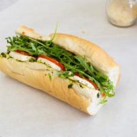 Central Park Sandwich  (Vegetarian) · Fresh mozzarella with arugula, tomatoes, basil pesto, olive oil, and balsamic vinegar.