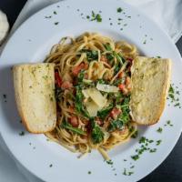Linguine Aglio Olio · Linguine pasta tossed with extra virgin olive oil, onions, sauteed garlic, red chili flakes,...