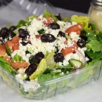 Greek Salad · Fresh Romaine lettuce with red onions, bell peppers, Roma tomatoes, cucumbers, Kalamata oliv...