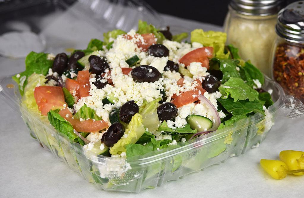 Greek Salad · Fresh Romaine lettuce with red onions, bell peppers, Roma tomatoes, cucumbers, Kalamata olives, topped off with Feta cheese crumbles.