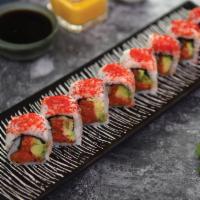 Fire Island Roll · Spicy tuna and spicy salmon inside with avocado and red tobiko outside with spicy mayo. Wrap...