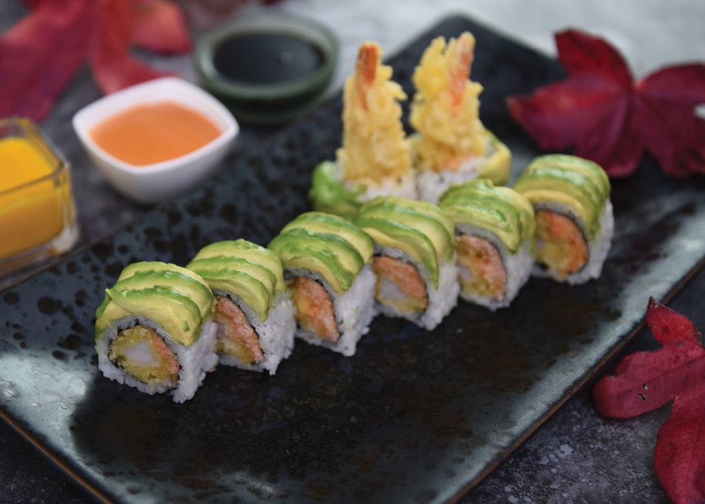 Crazy Friday Roll · Shrimp tempura and lobster salad inside, topped with avocado and fish eggs. Wrapped with seaweed nori.