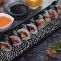 Black Queen Roll · Tuna, salmon, white tuna, and avocado inside, with eel sauce and spicy mayo.