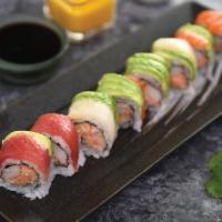 Ichiban Roll · Lobster salad and kani inside, topped with tuna, salmon, yellowtail and avocado. Wrapped wit...
