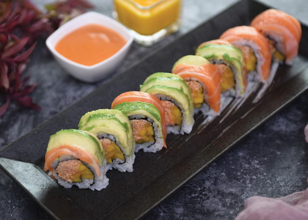 Tiger Roll · Spicy kani and mango inside, topped with salmon, avocado, special sauce and mango sauce. Wrapped with seaweed nori.