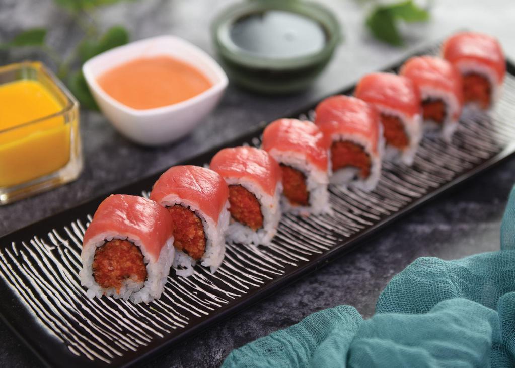 Red Dragon Roll · Spicy tuna and crunch topped with tuna and spicy mayo. Wrapped with seaweed nori.