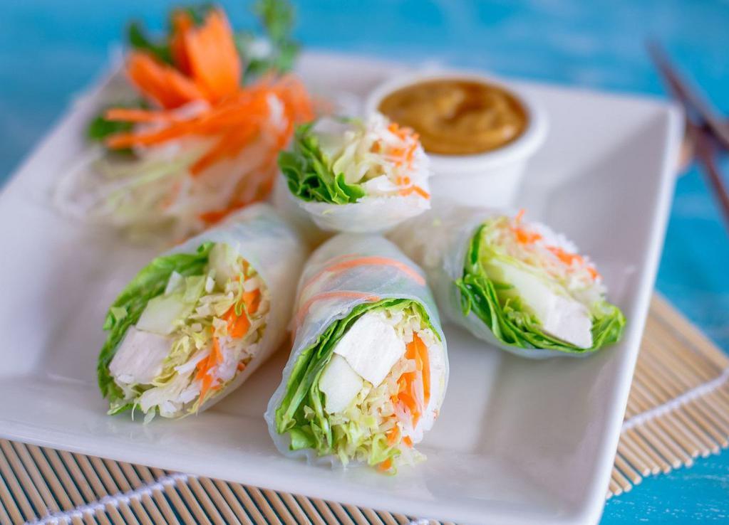 Fresh Salad Rolls · Choice of tofu, shrimp or chicken with fresh vegetable rolls with rice noodles, bean sprouts, lettuce, mint leaves and cilantro wrapped in soft rice paper with peanut sauce. 