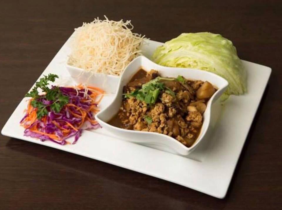 Lettuce Wrap · A special brown sauce with water chestnut, mushroom, onion and ground chicken with lettuce and crispy noodles. 