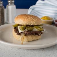 Jalapeno Swiss Burger · Twin old fashioned hamburger topped with jalapenos, Swiss cheese, grilled onions, mustard an...