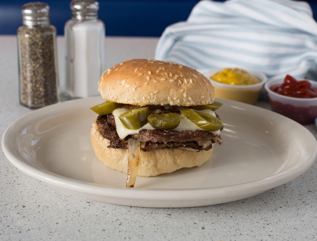 Jalapeno Swiss Burger · Twin old fashioned hamburger topped with jalapenos, Swiss cheese, grilled onions, mustard and pickle, served on a seeded bun.