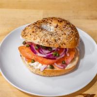 Salmon and Cream Cheese Bagel · Smoked salmon, cream cheese, tomato, onion, capers.