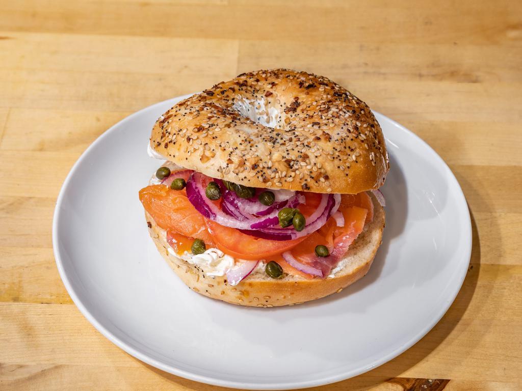 Salmon and Cream Cheese Bagel · Smoked salmon, cream cheese, tomato, onion, capers.