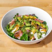 Caprese Prosciutto salad · tomato, fresh mozzarella, avocado, prosciutto, fresh basil in olive oil and balsamic dressing