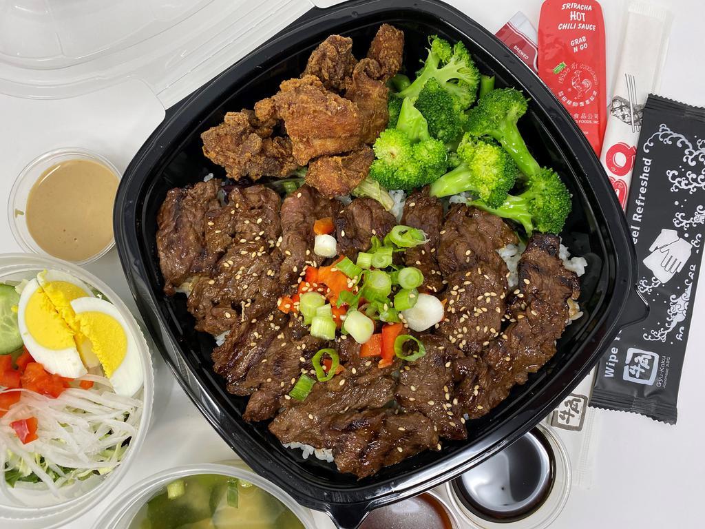 Gyu-Bento: Build Your Own Bento! · The closest you can get to the Gyu-Kaku yakiniku experience without grilling the meat yourself. Customize your meal! Select two proteins, two marinades, two sides, and rice portion. Includes Miso Soup, White Rice, and Half Gyu-Kaku Salad.