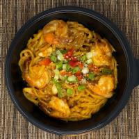 Garlic Noodles with Crunchy Garlic Shrimp · Crunchy Garlic Shrimp atop thick Japanese noodles stir-fried with sliced garlic, butter, and...